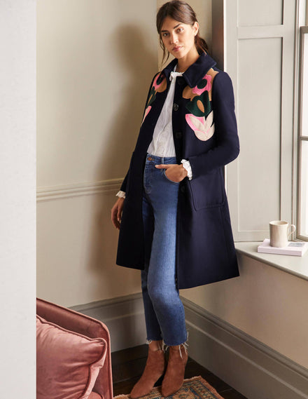 Amelia Appliqué Wool Coat-Navy