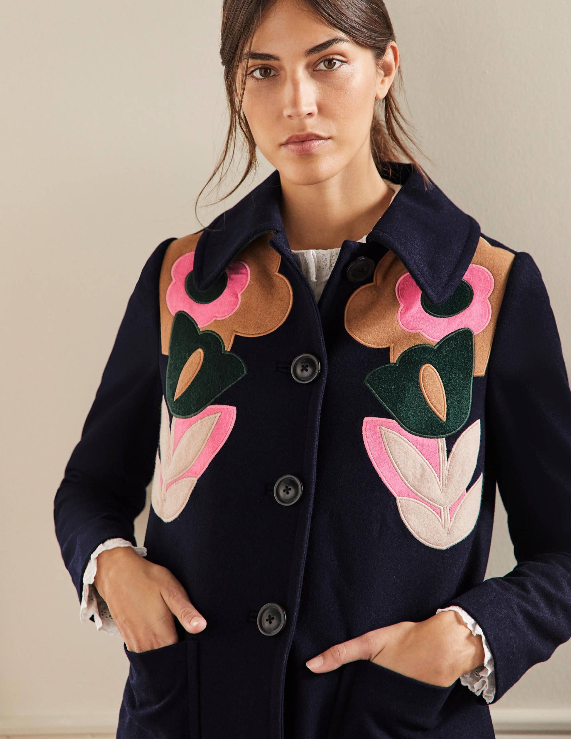 Amelia Appliqué Wool Coat-Navy-4