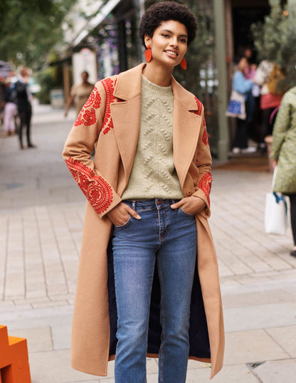 Cecily Embroidered Wool Coat-Oatmeal/Camel Marl-7