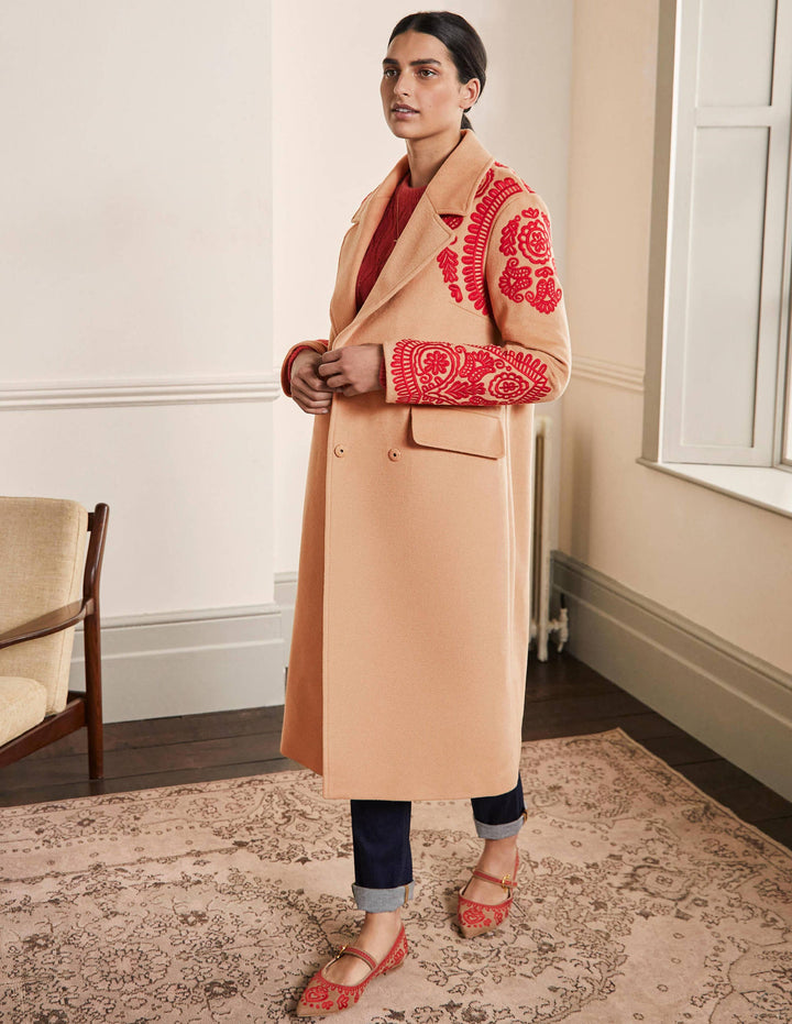 Cecily Embroidered Wool Coat-Oatmeal/Camel Marl