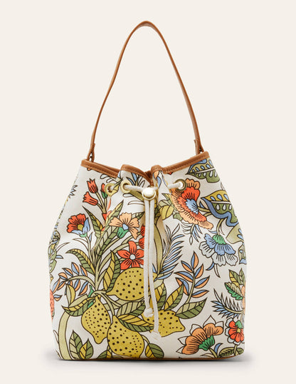 Canvas Drawstring Bucket Bag-Ivory, Tropic Meadow-2