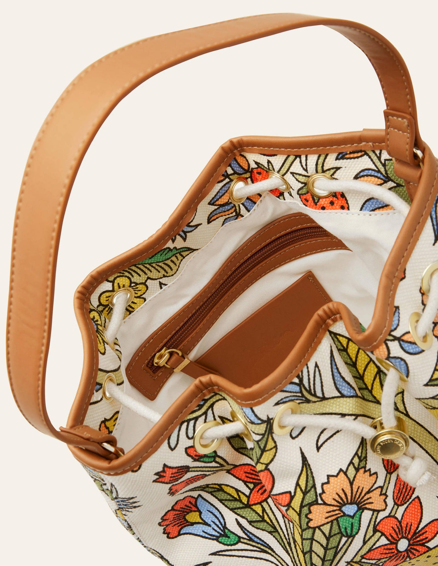 Canvas Drawstring Bucket Bag-Ivory, Tropic Meadow