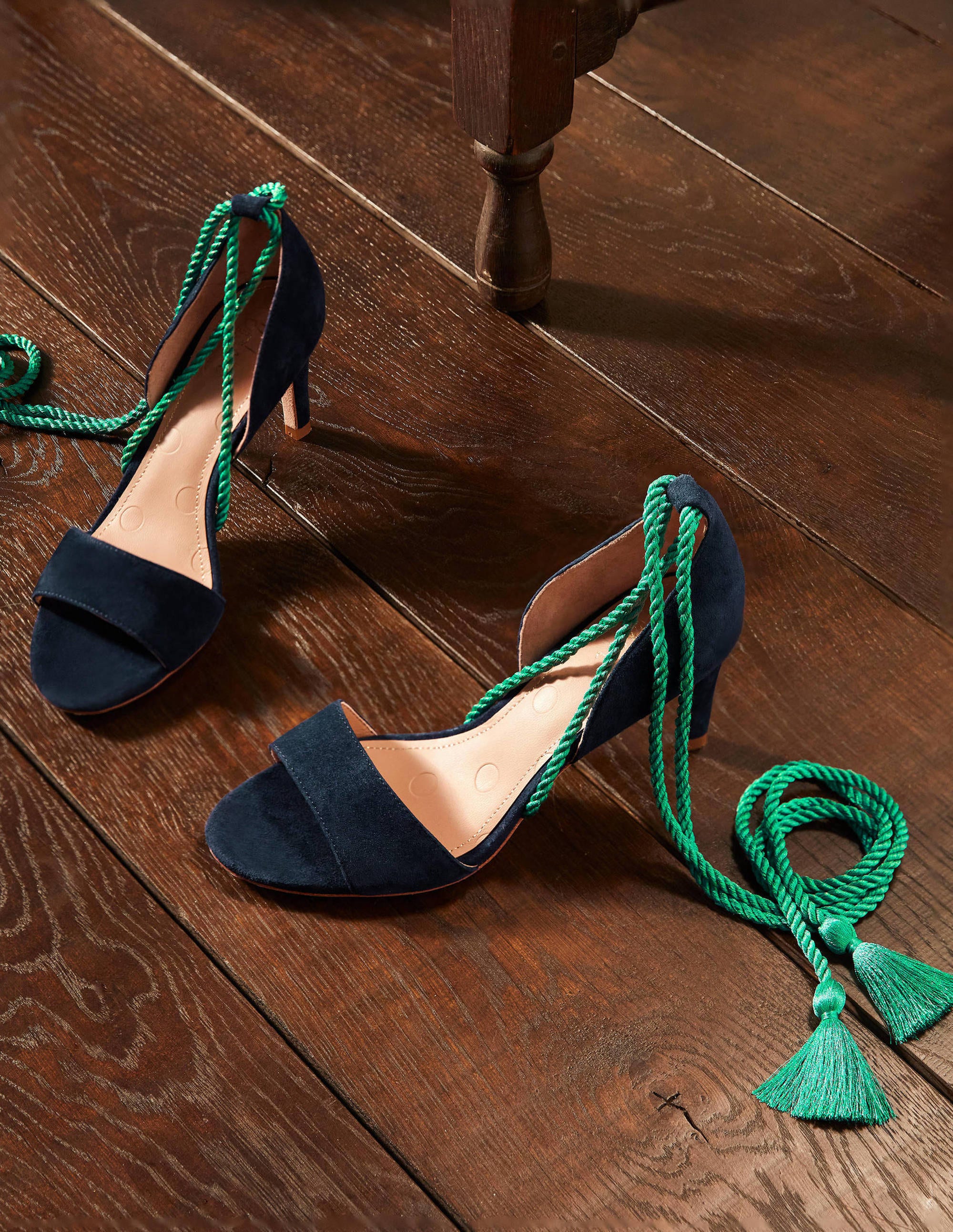 Suede Ankle Tie Heeled Sandals-Navy - Image 1