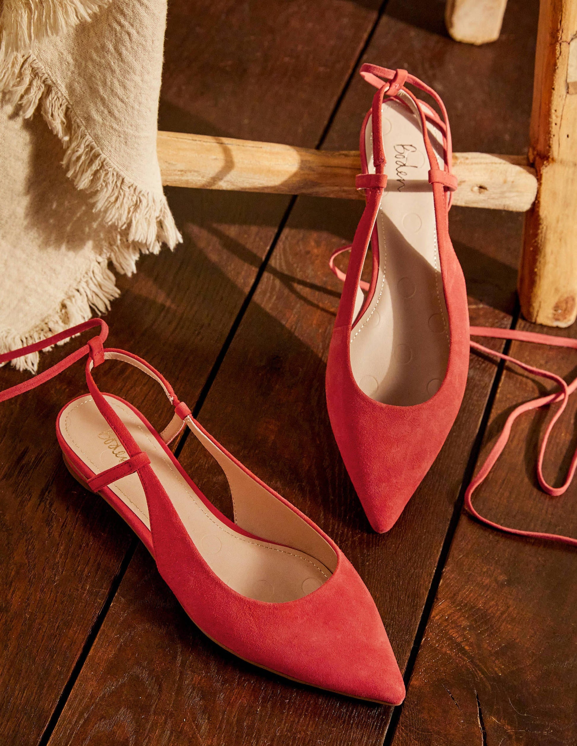 Ankle Tie Pointed Flats-Red Suede-1