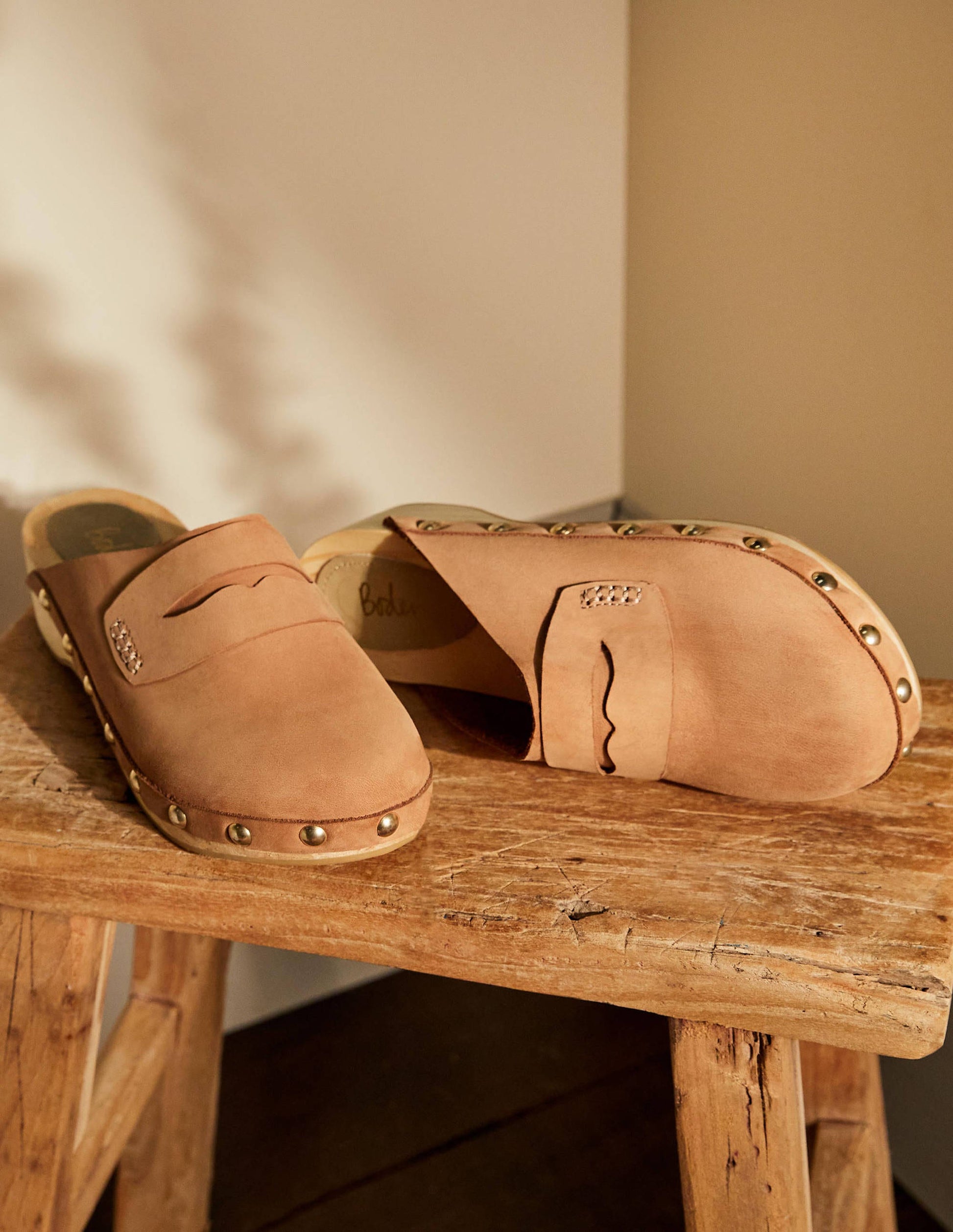 Leather Heeled Clogs-Tan-1