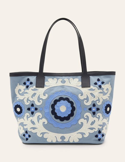 Embroidered Canvas Tote-Dusty Blue