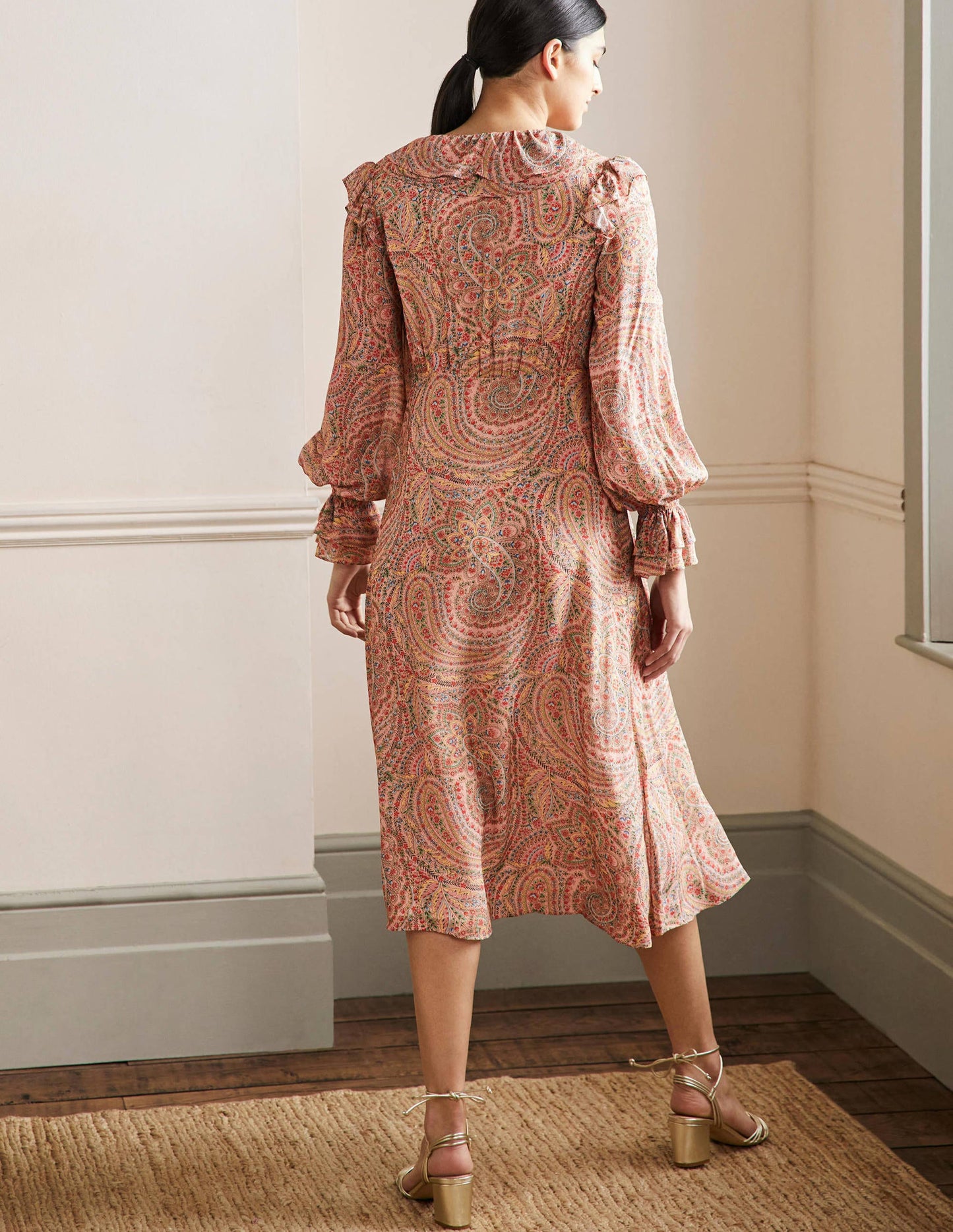 Lara Ruffle Detail Midi Dress-Milkshake, Flora Paisley