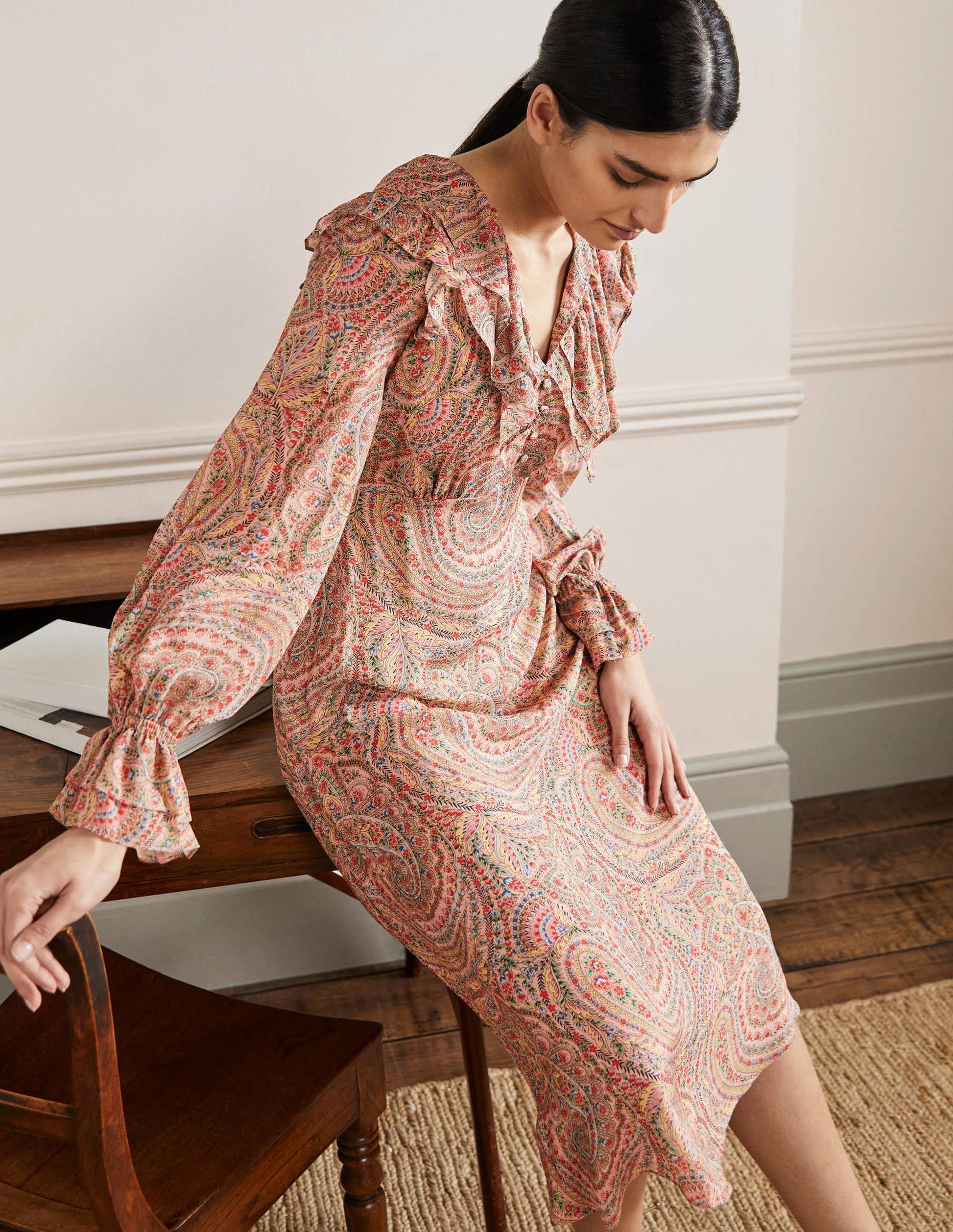 Lara Ruffle Detail Midi Dress-Milkshake, Flora Paisley-4