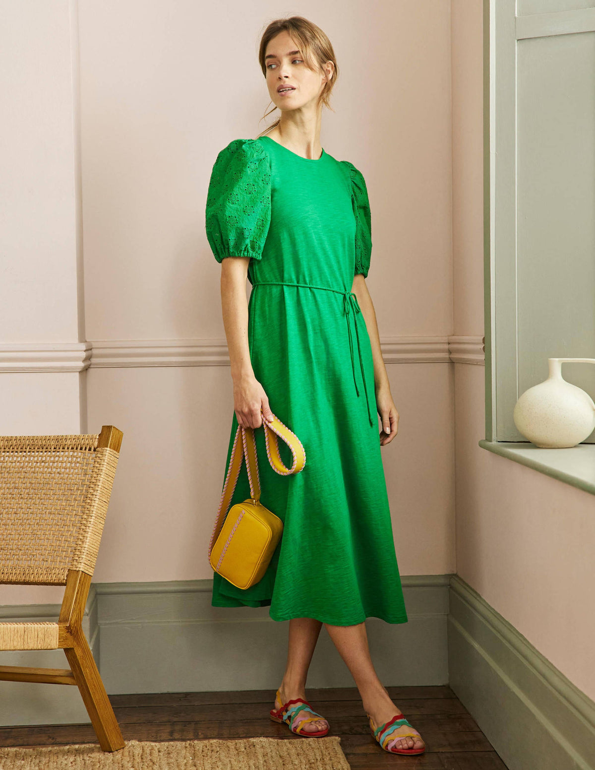 Broderie Mix Jersey Midi Dress-Highland Green - Image 1