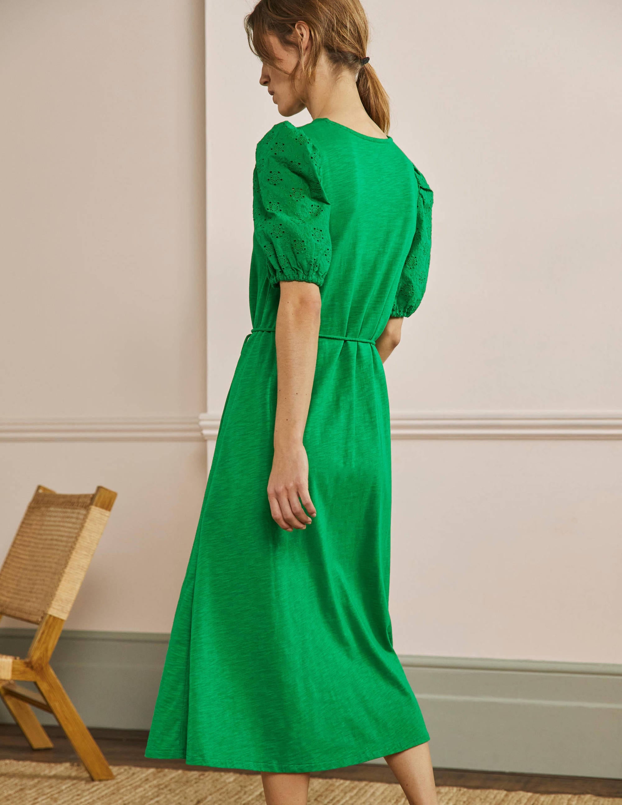 Broderie Mix Jersey Midi Dress-Highland Green - Image 3