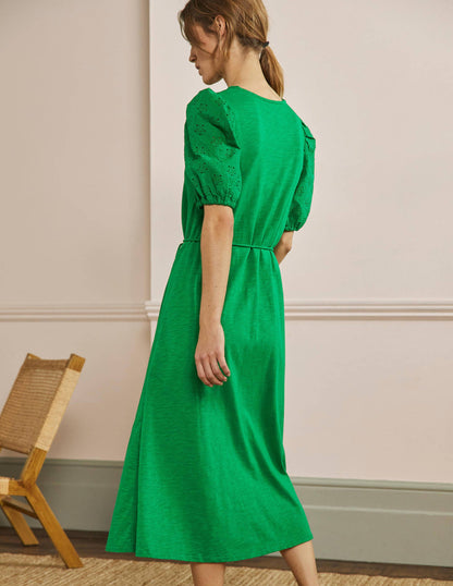 Broderie Mix Jersey Midi Dress-Highland Green-3