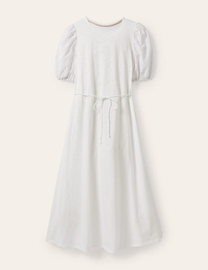 Broderie Mix Jersey Midi Dress-White-5