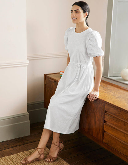 Broderie Mix Jersey Midi Dress-White-4