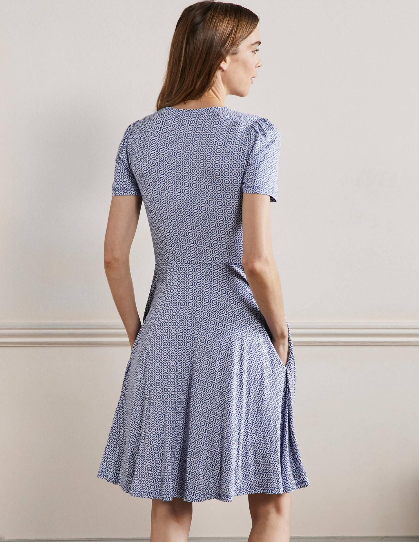 Crew Neck Jersey Dress-Bluebell Geo Blooms