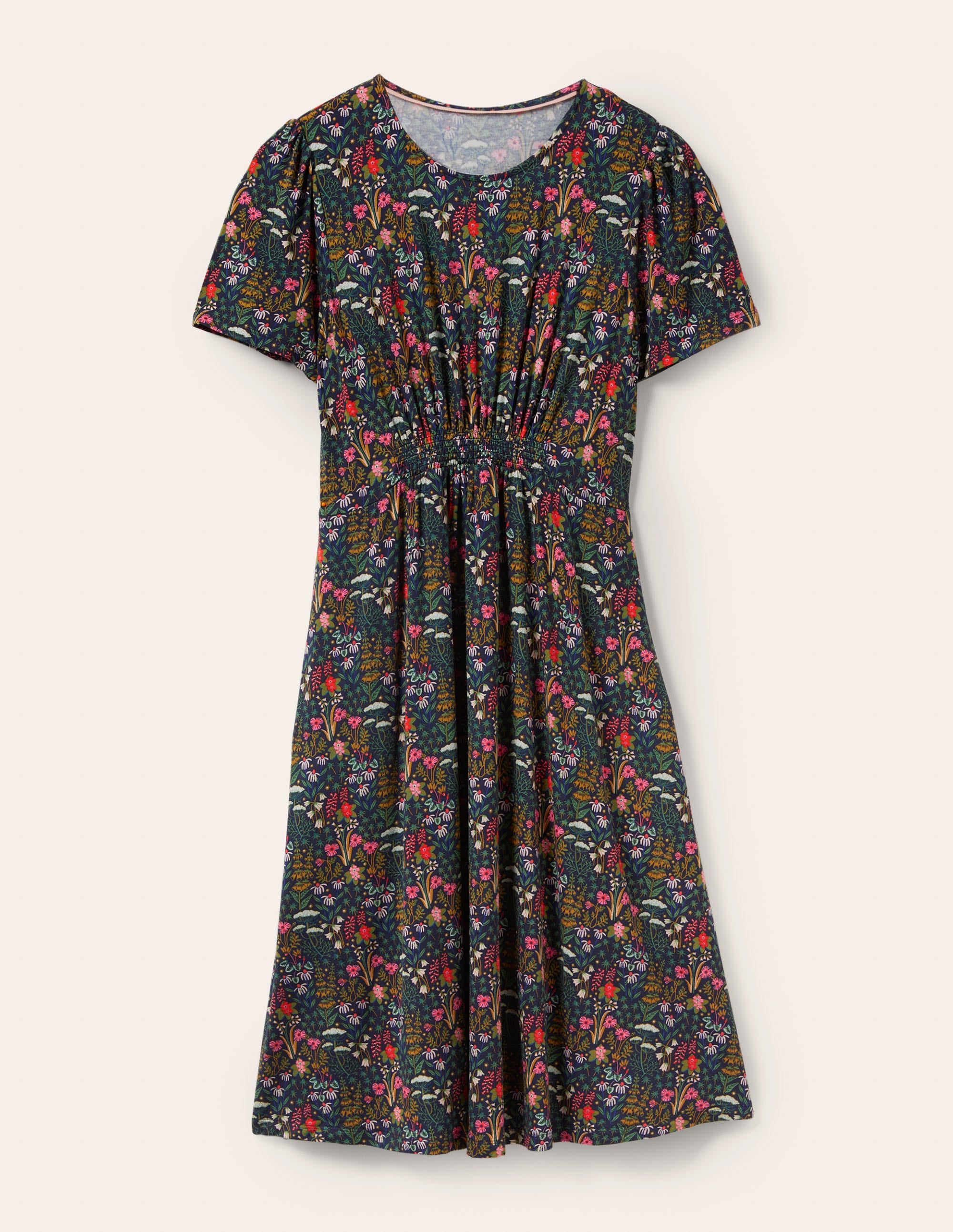 Crew Neck Jersey Dress-French Navy, Wildflower Bloom - Image 5