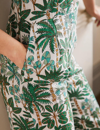 Lola Strappy Linen Jumpsuit-Ivory, Palm Forest-2