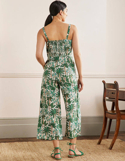 Lola Strappy Linen Jumpsuit-Ivory, Palm Forest-3