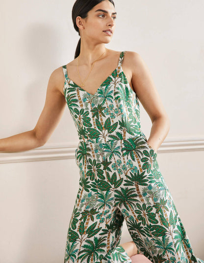 Lola Strappy Linen Jumpsuit-Ivory, Palm Forest-4