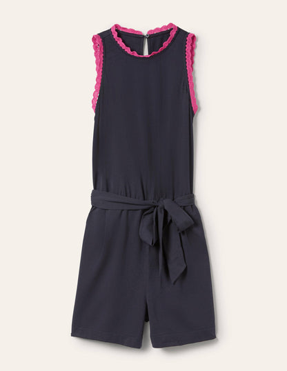 Crochet Detail Jersey Playsuit-Navy-6