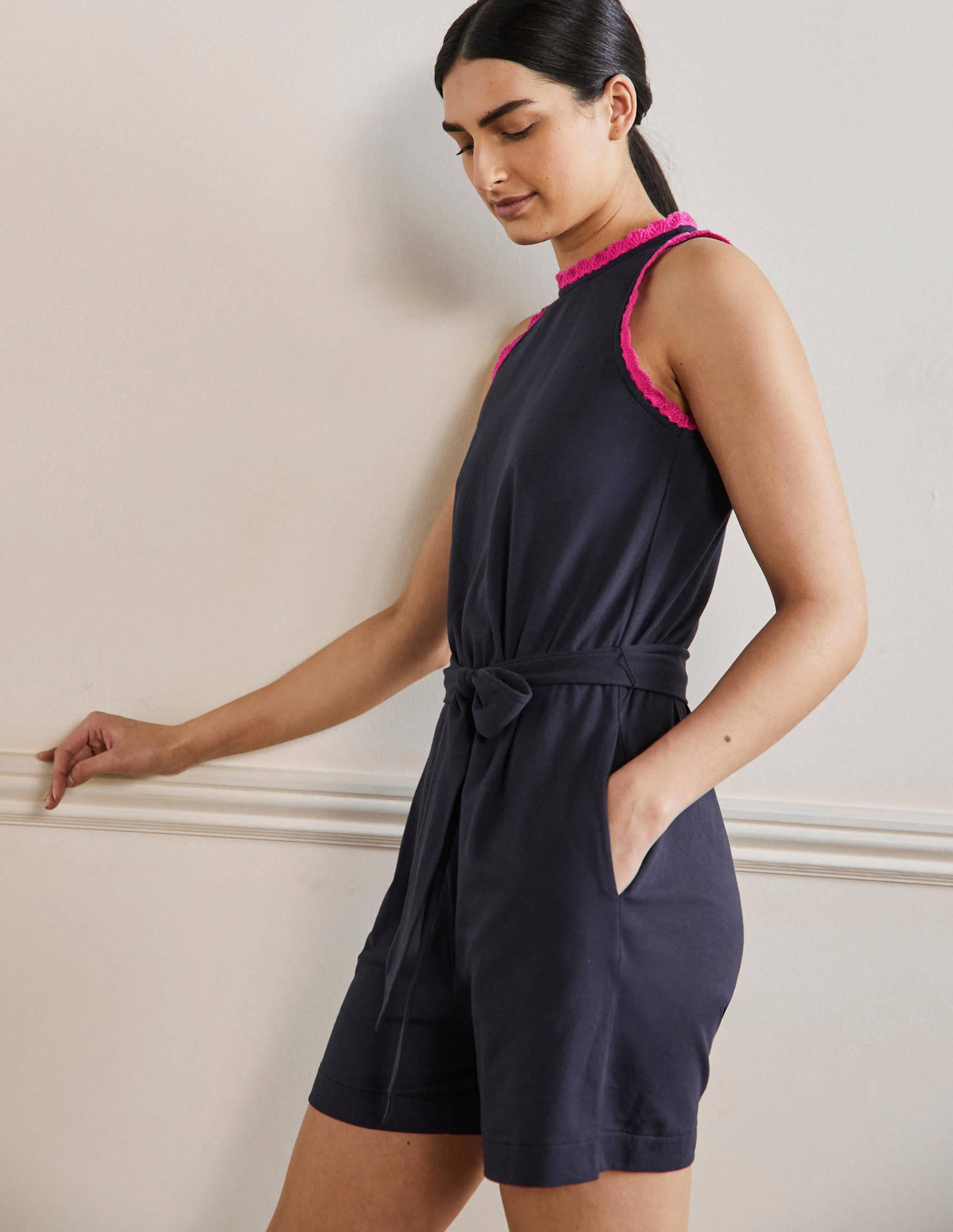 Crochet Detail Jersey Playsuit-Navy-4