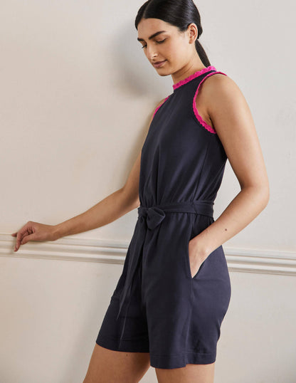 Crochet Detail Jersey Playsuit-Navy-4