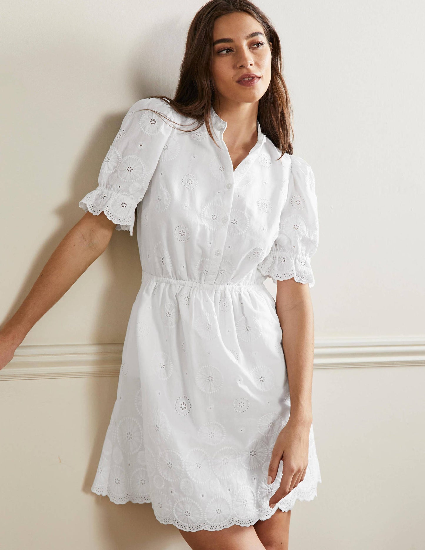 Puff Sleeve Broderie Dress-White