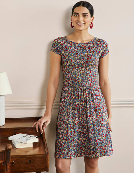Amelie Jersey Dress-Riviera Blue, Floret Cluster