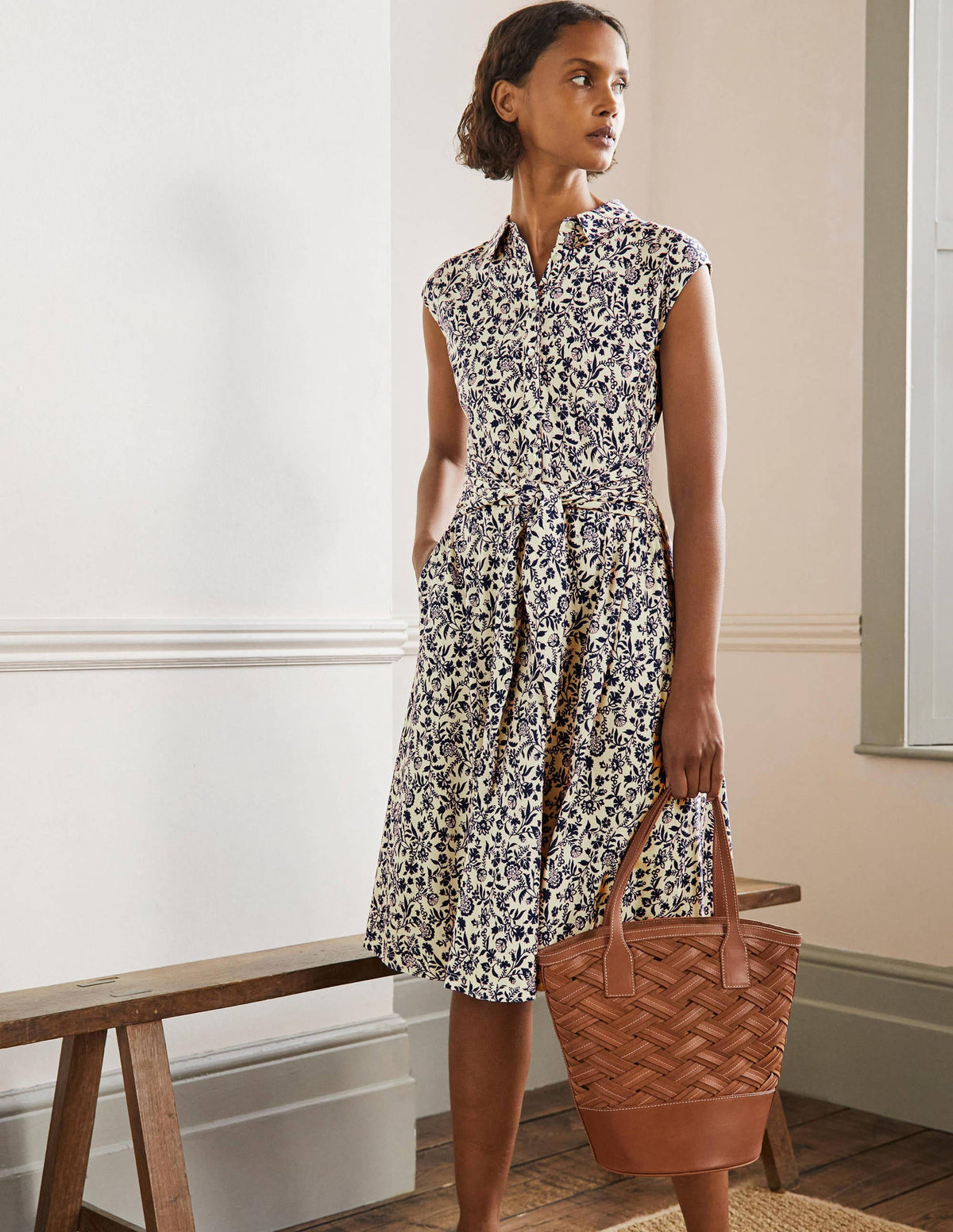 Tie Waist Jersey Shirt Dress-French Navy, Flora Charm - Image 4