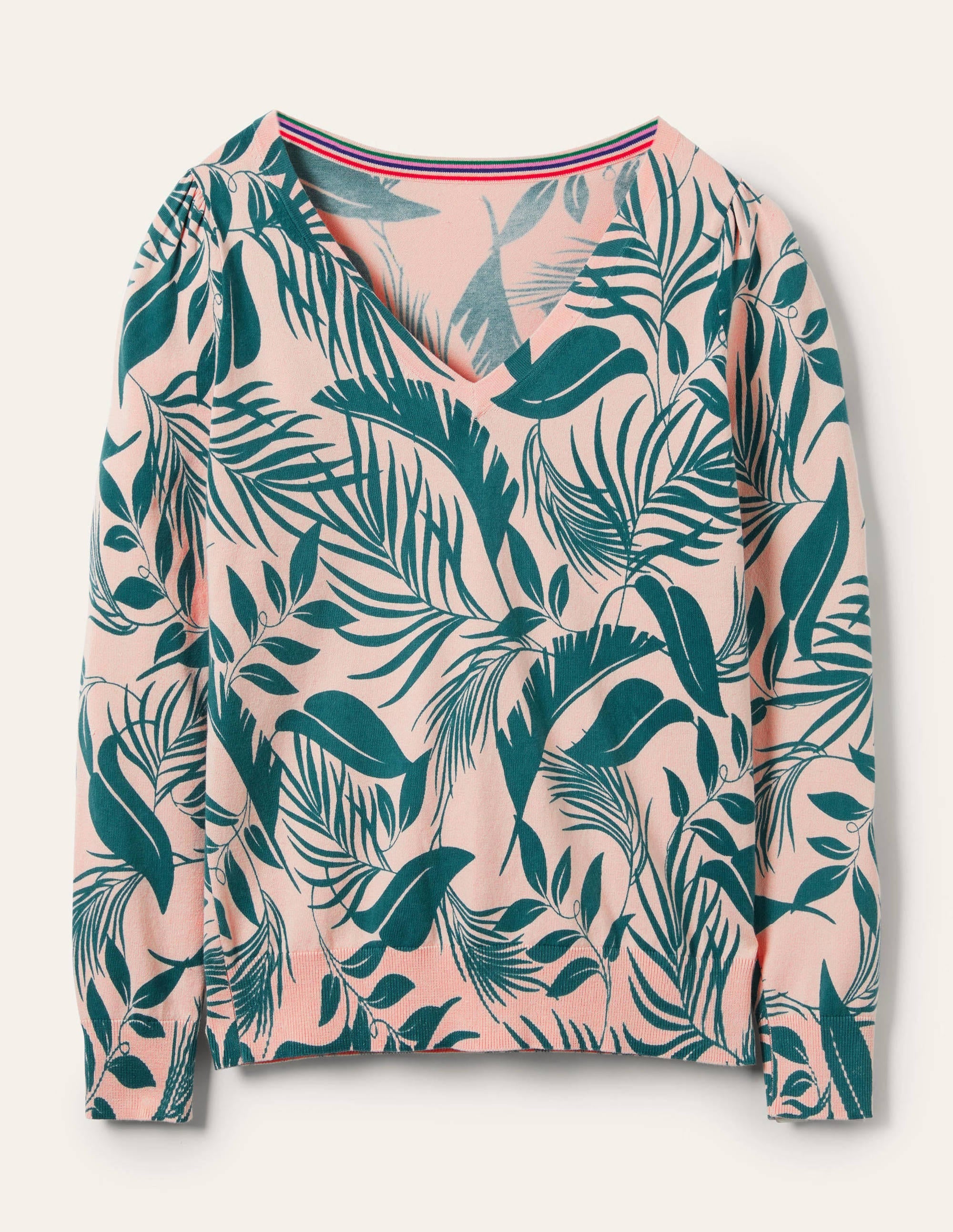 Cotton V-Neck Jumper-Milkshake, Tropic Foliage - Image 5
