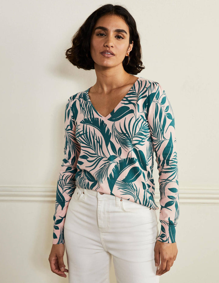 Cotton V-Neck Jumper-Milkshake, Tropic Foliage