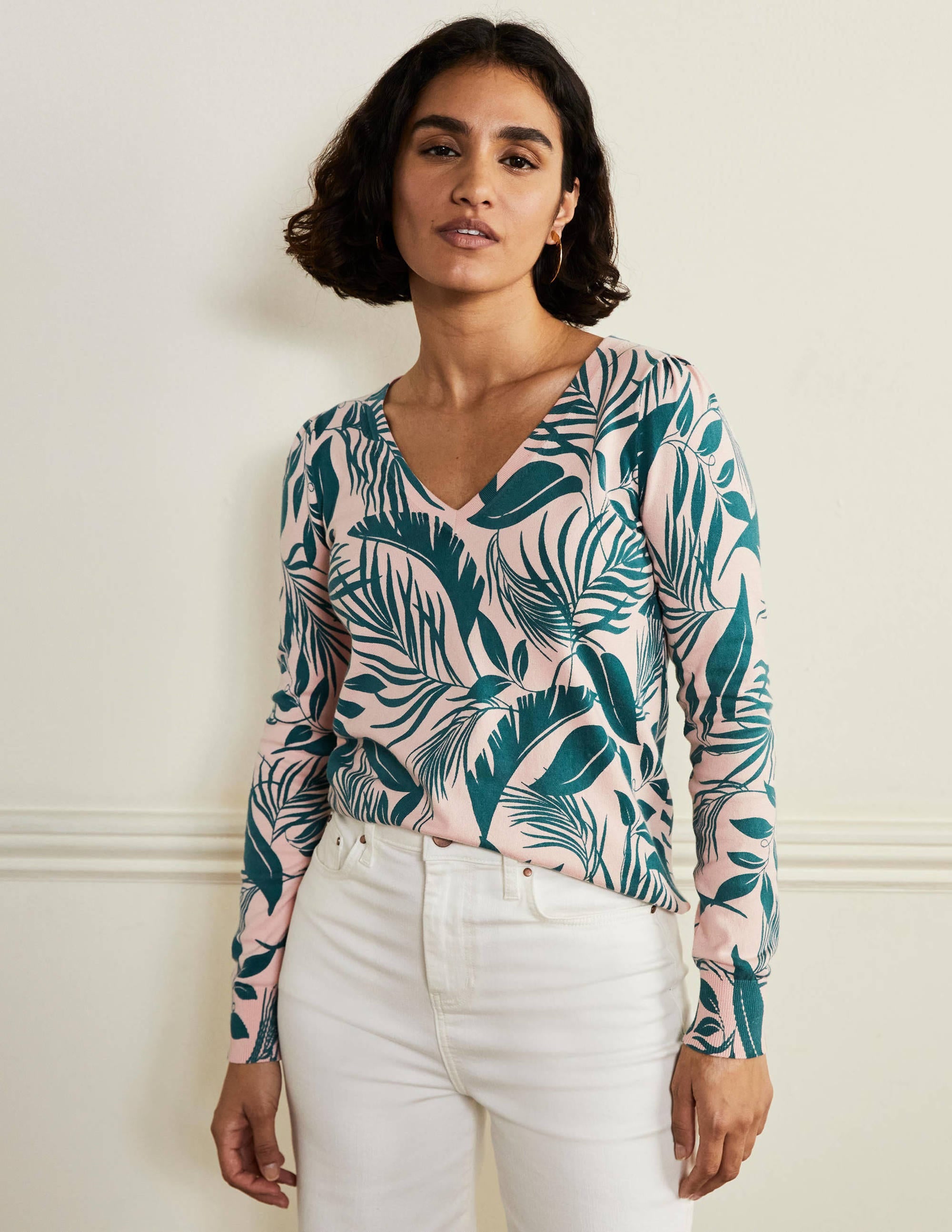 Cotton V-Neck Jumper-Milkshake, Tropic Foliage - Image 1