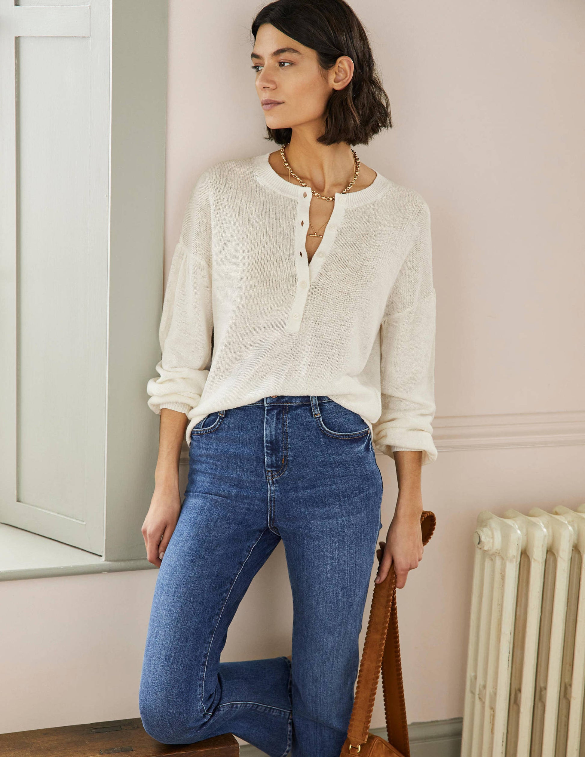 Leandra Linen Henley Jumper-Ivory-1