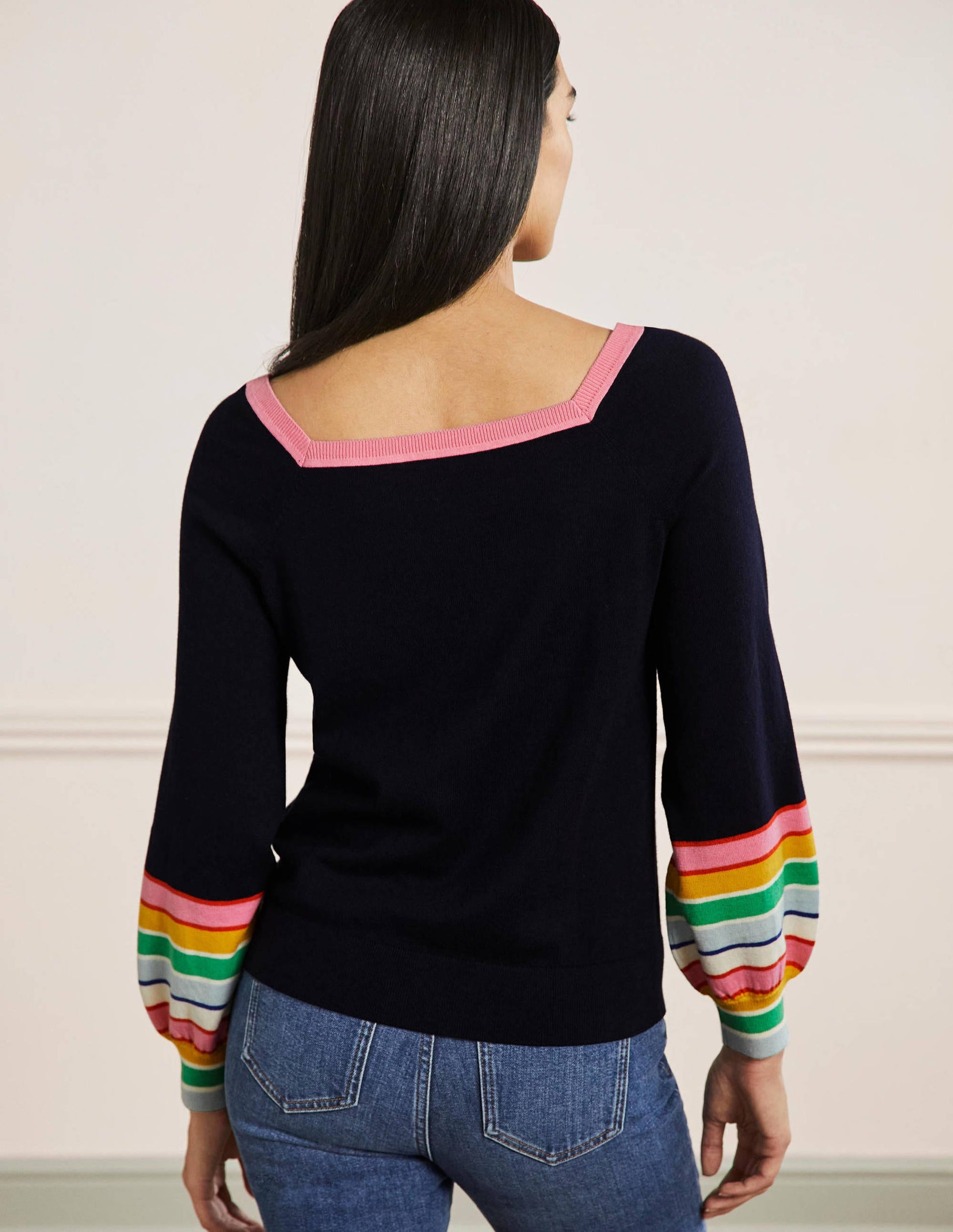 Striped Square Neck Jumper-Navy-3