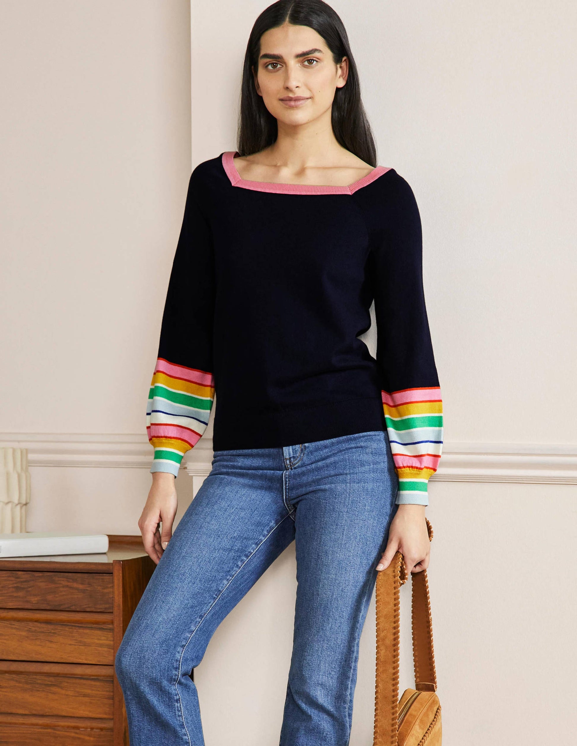 Striped Square Neck Jumper-Navy-4
