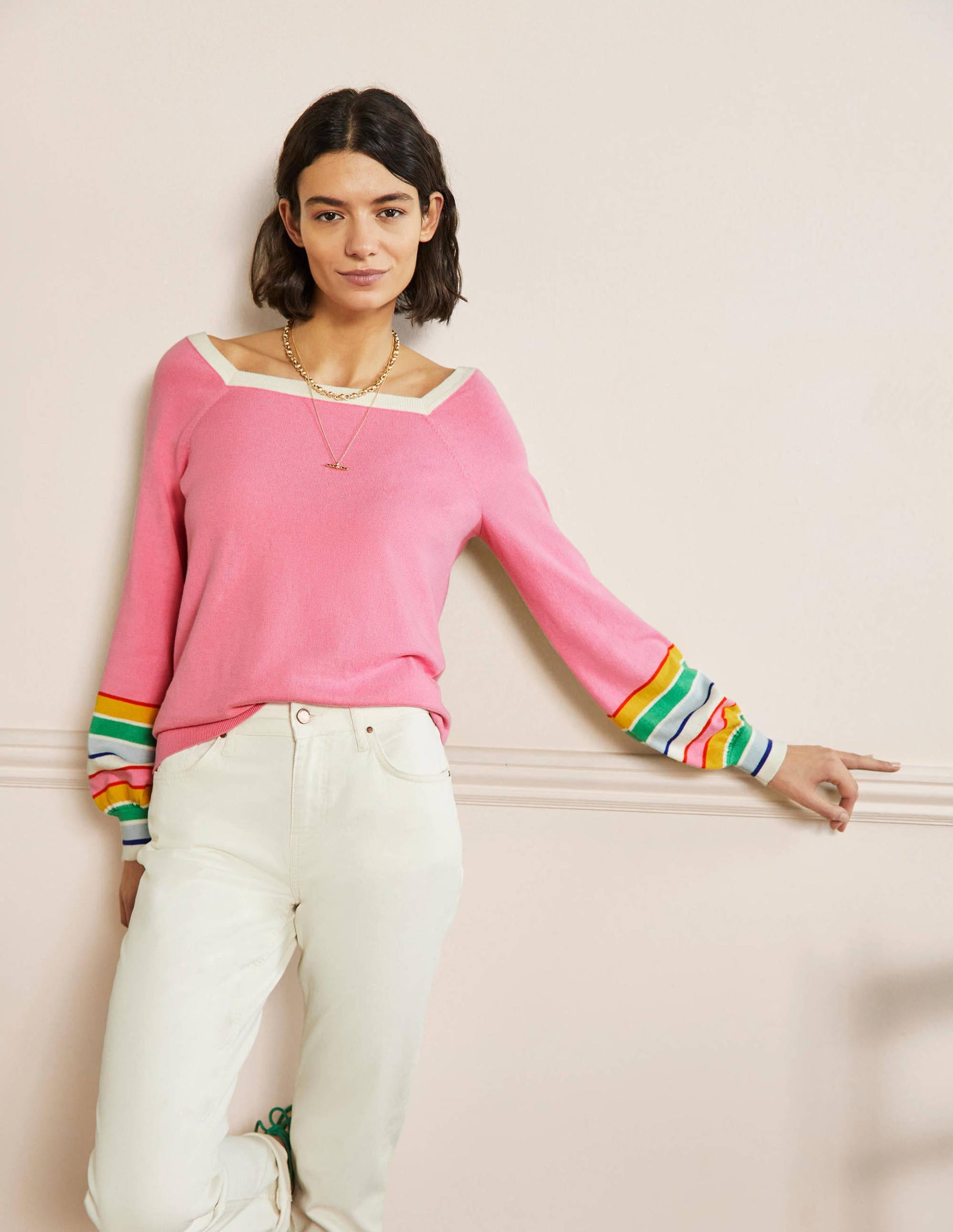 Striped Square Neck Jumper-Sachet Pink-1
