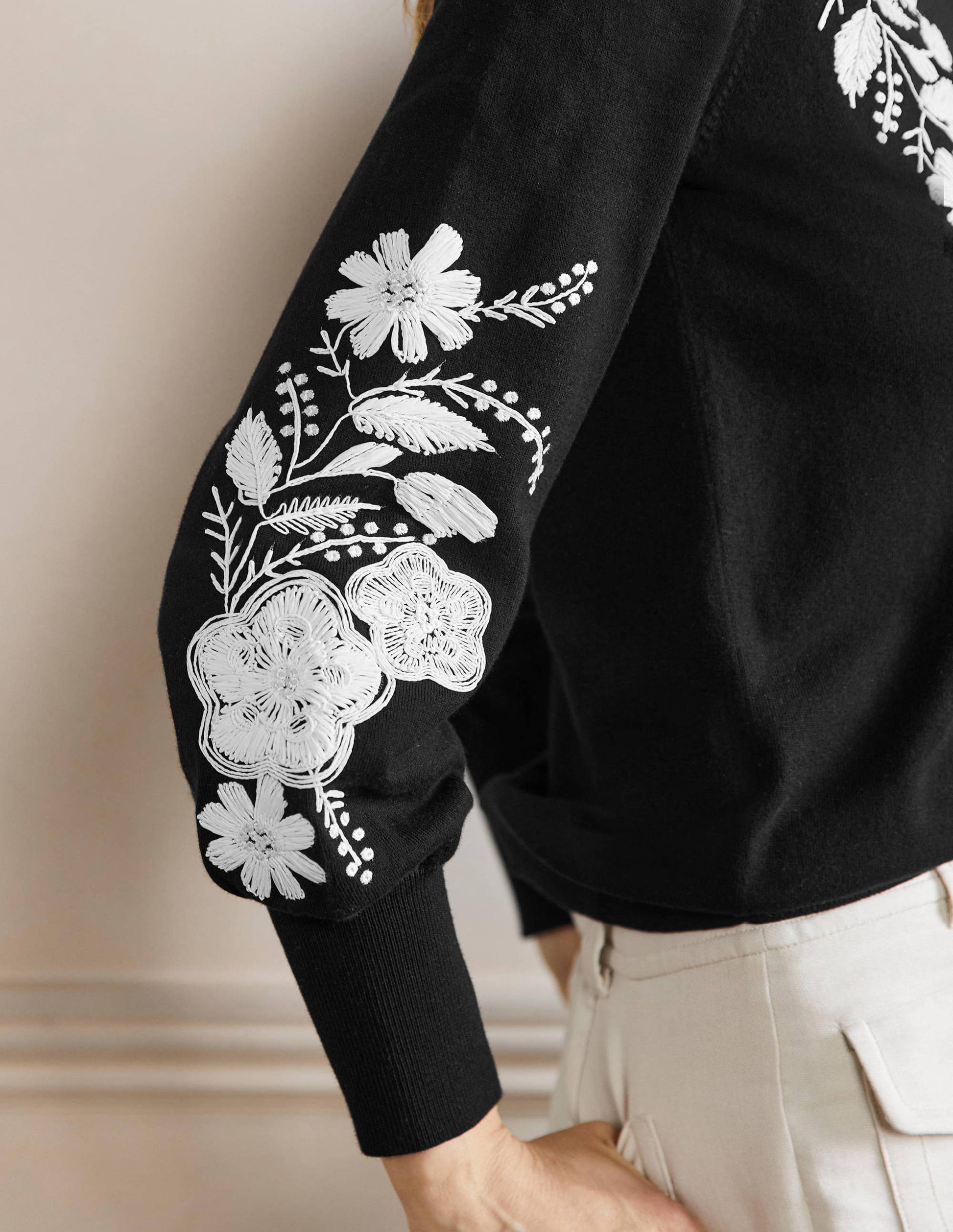 Embroidered Blouson Cardigan-Black-2