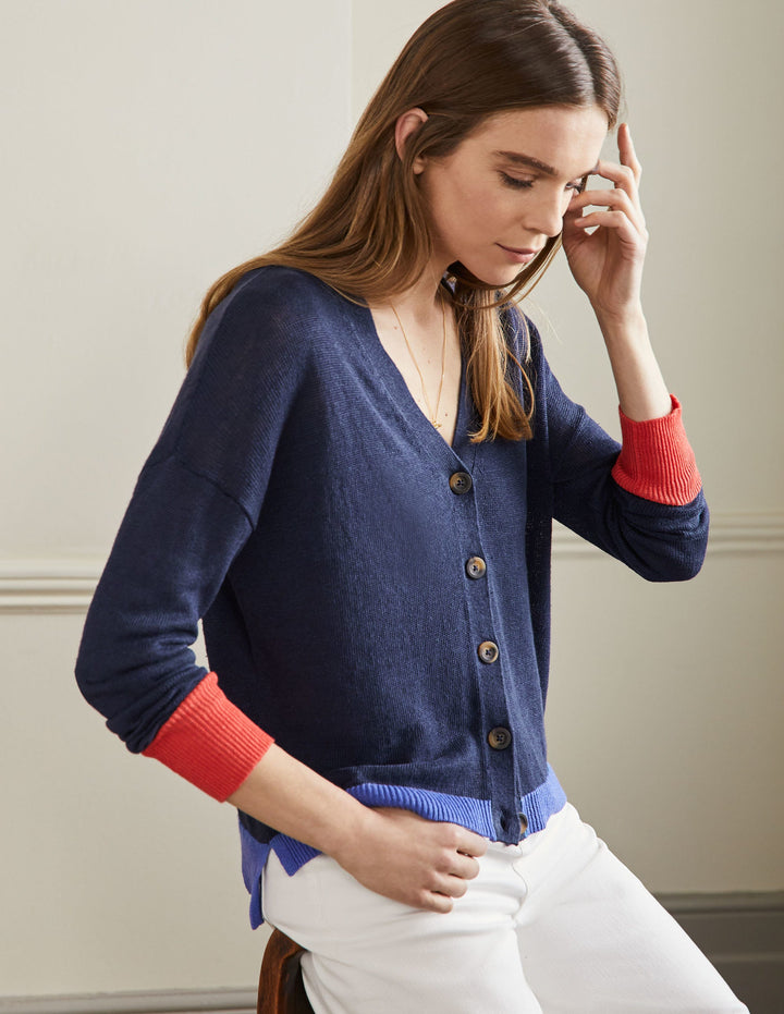 Colourblock Linen Cardigan-Navy Colourblock