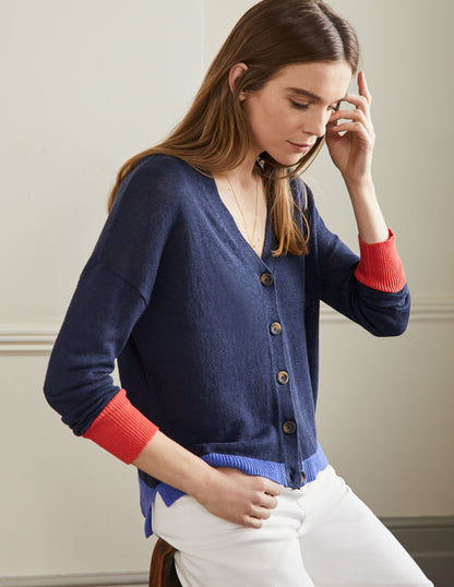 Colourblock Linen Cardigan-Navy Colourblock-1