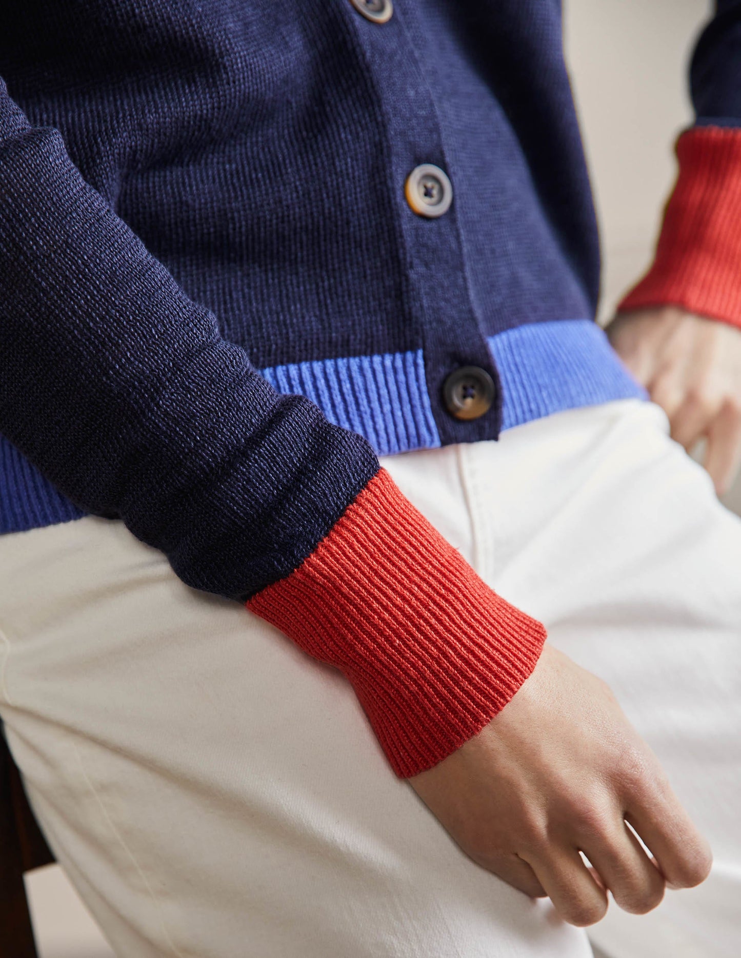 Colourblock Linen Cardigan-Navy Colourblock