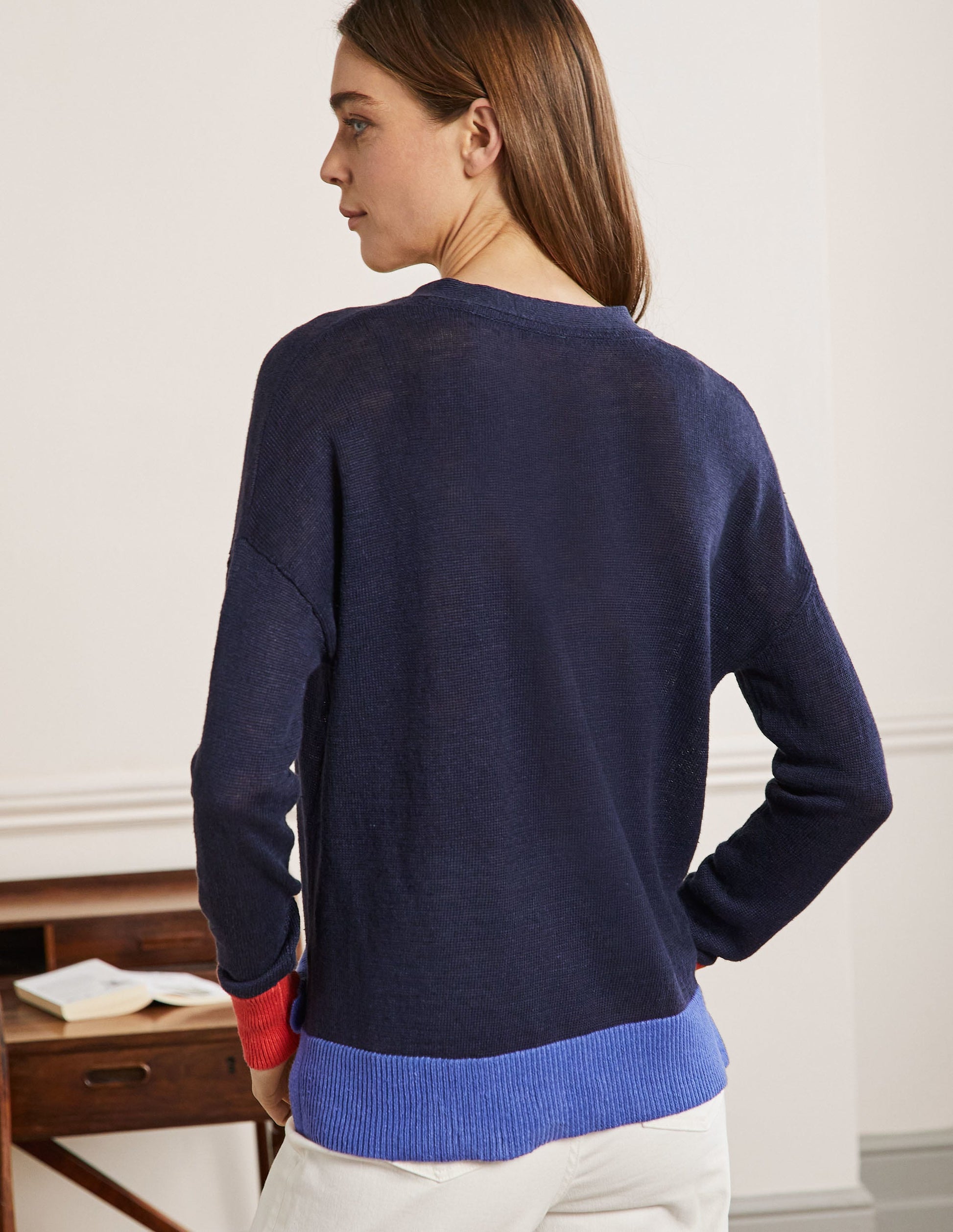 Colourblock Linen Cardigan-Navy Colourblock-3