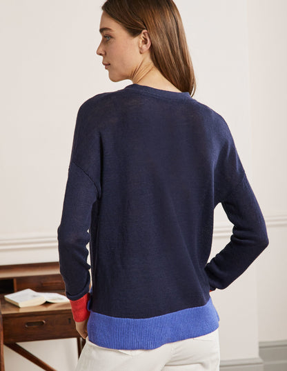 Colourblock Linen Cardigan-Navy Colourblock-3