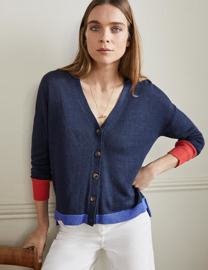 Colourblock Linen Cardigan-Navy Colourblock-4