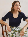 Frill Sleeve Knitted T-Shirt-Navy