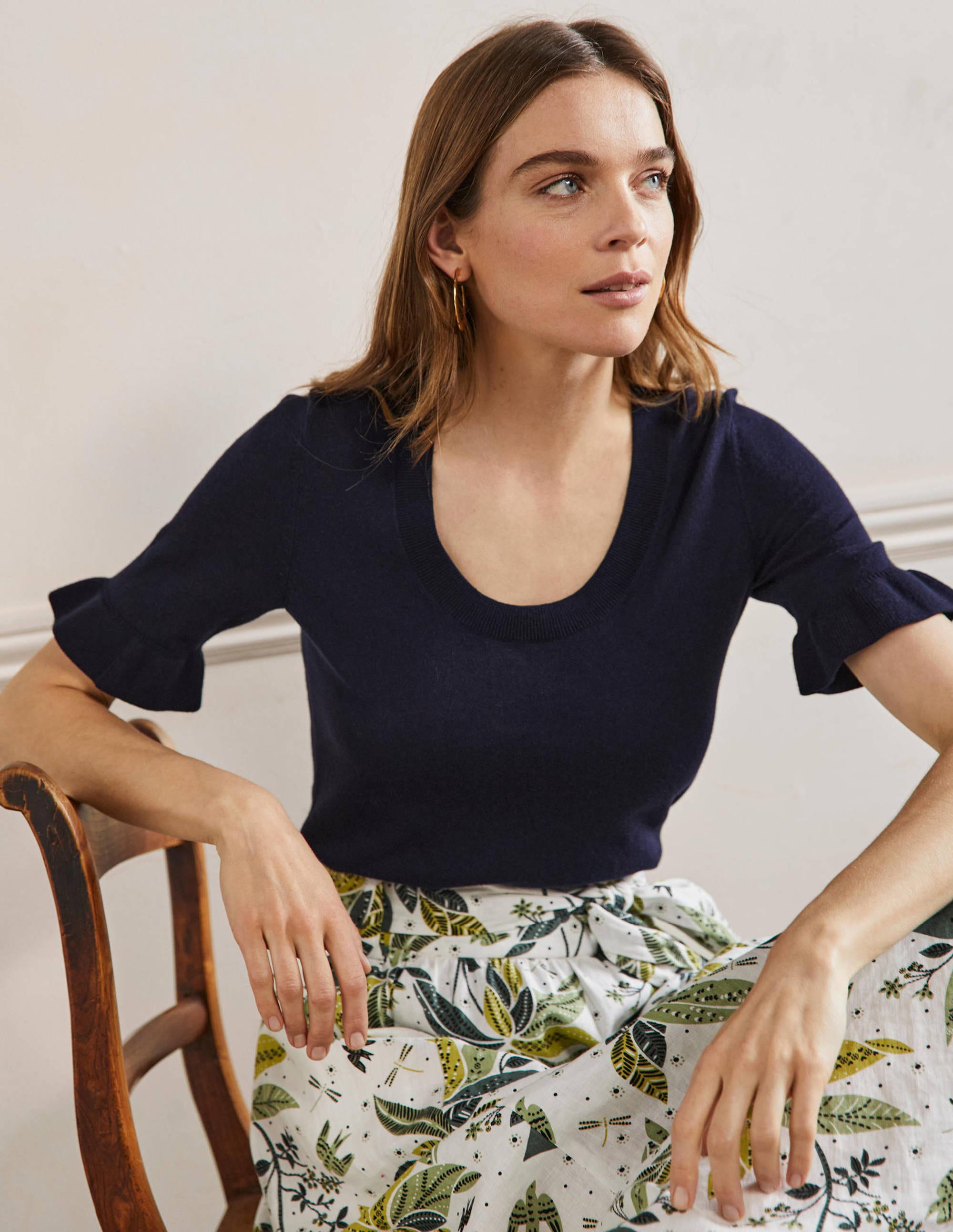 Frill Sleeve Knitted T-Shirt-Navy - Image 1