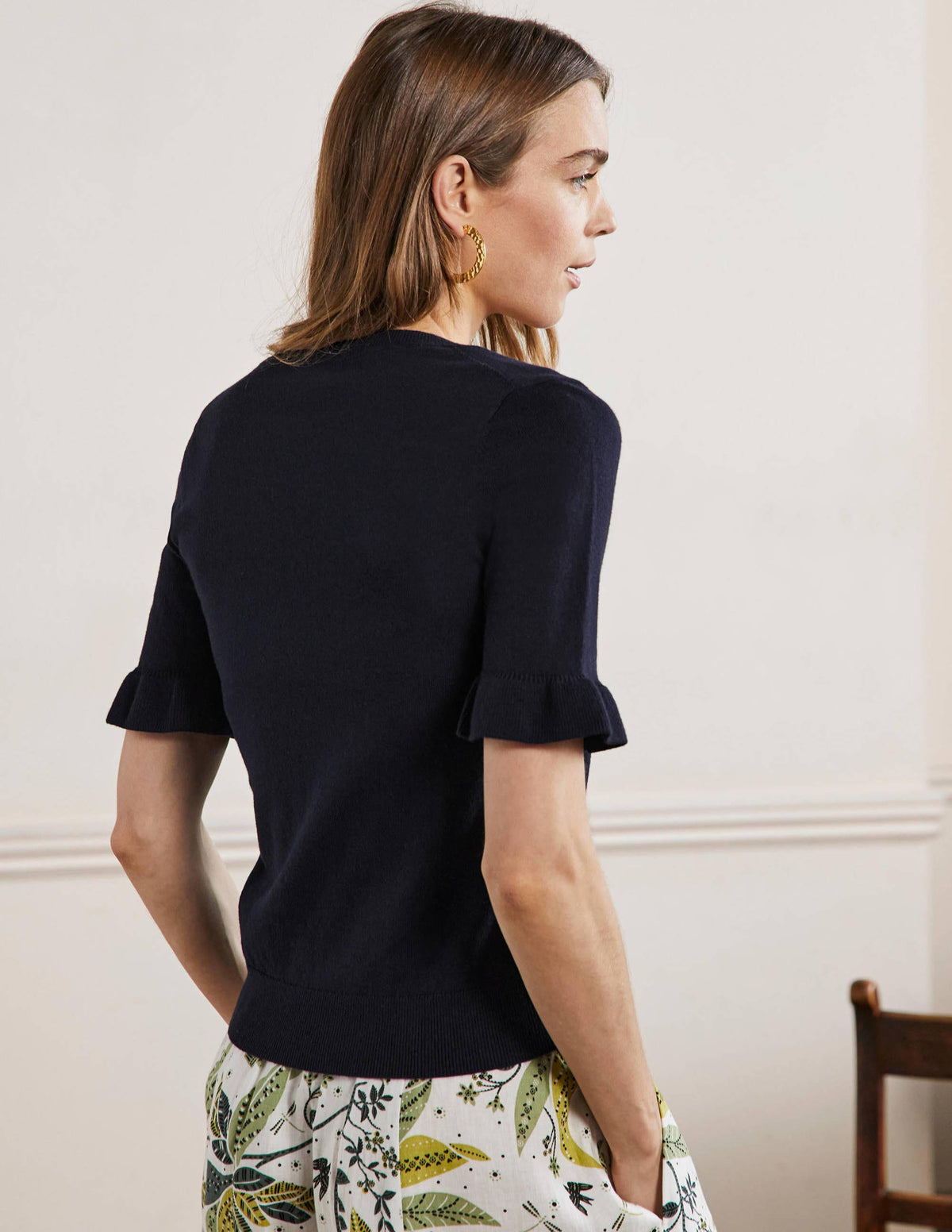Frill Sleeve Knitted T-Shirt-Navy - Image 3
