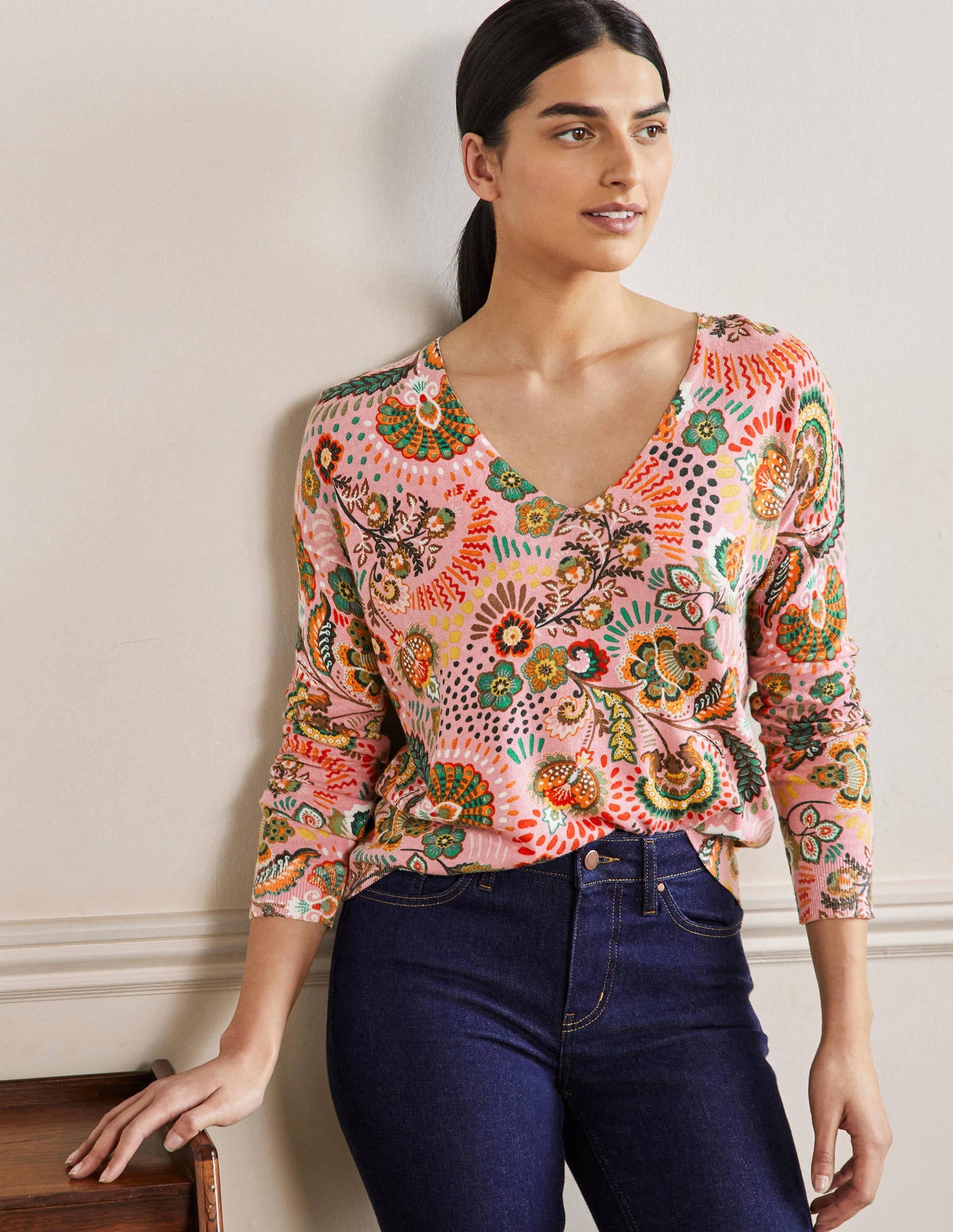 Relaxed Printed V-neck Jumper-Formica Pink, Meadow-4