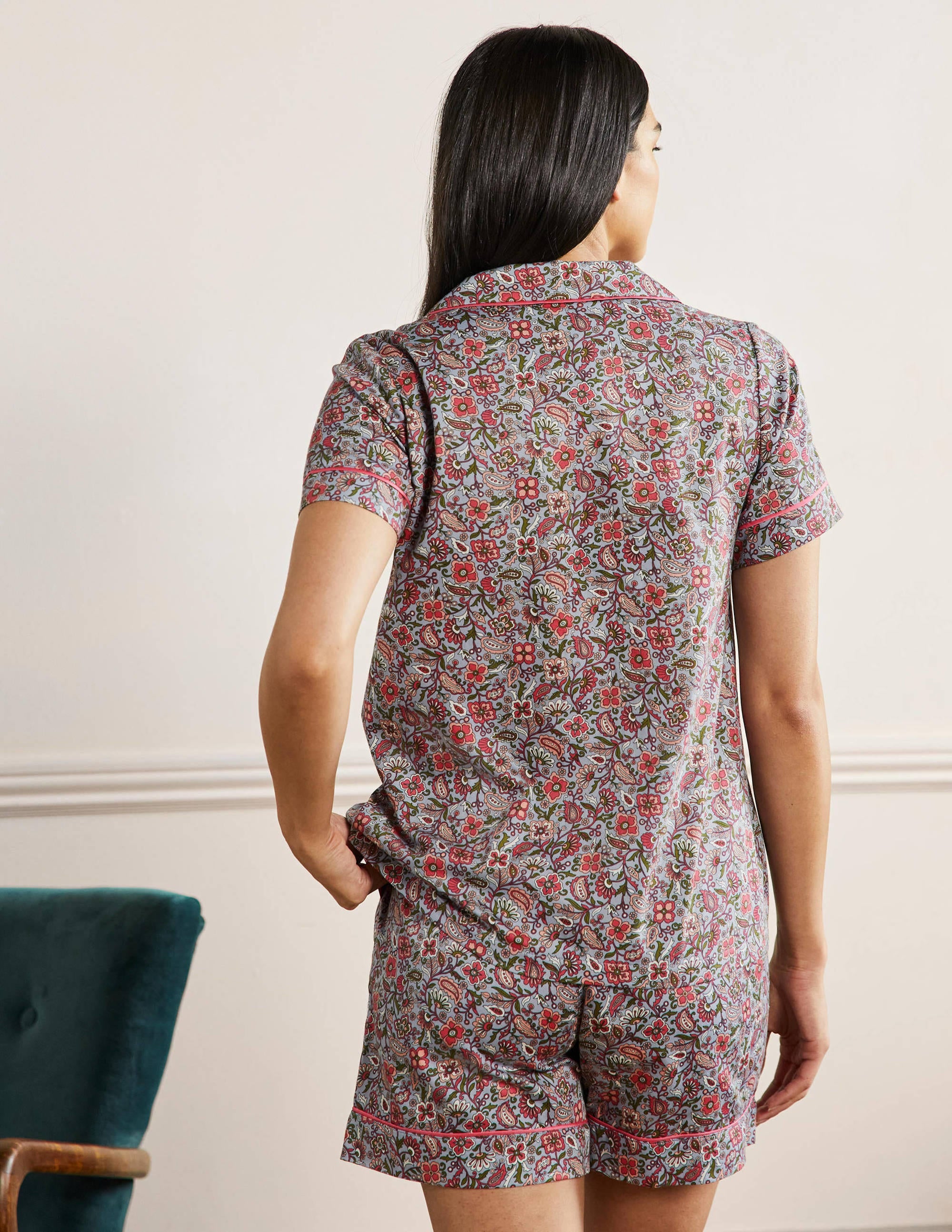 Short Sleeve Pyjama Shirt-Blue/Ivory Oriental Paradise - Image 3