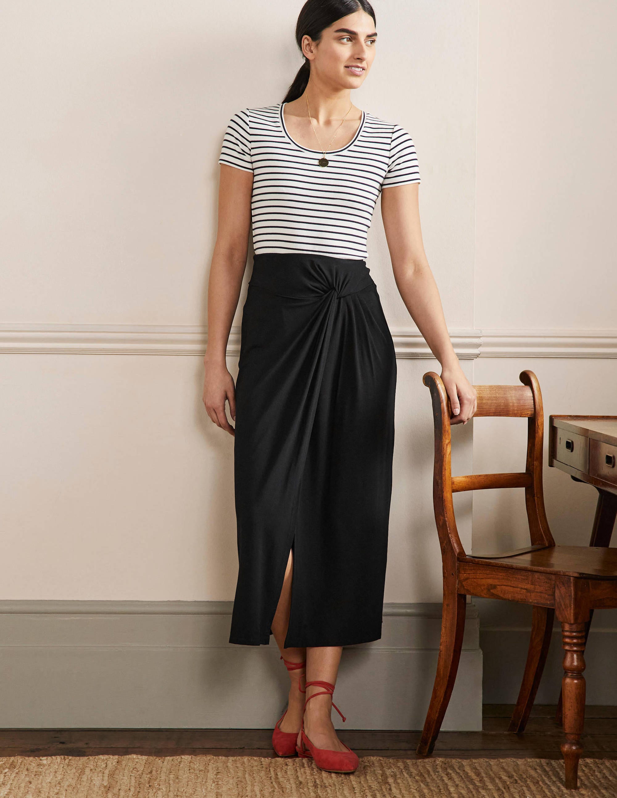 Knot Waist Jersey Midi Skirt-Black - Image 1