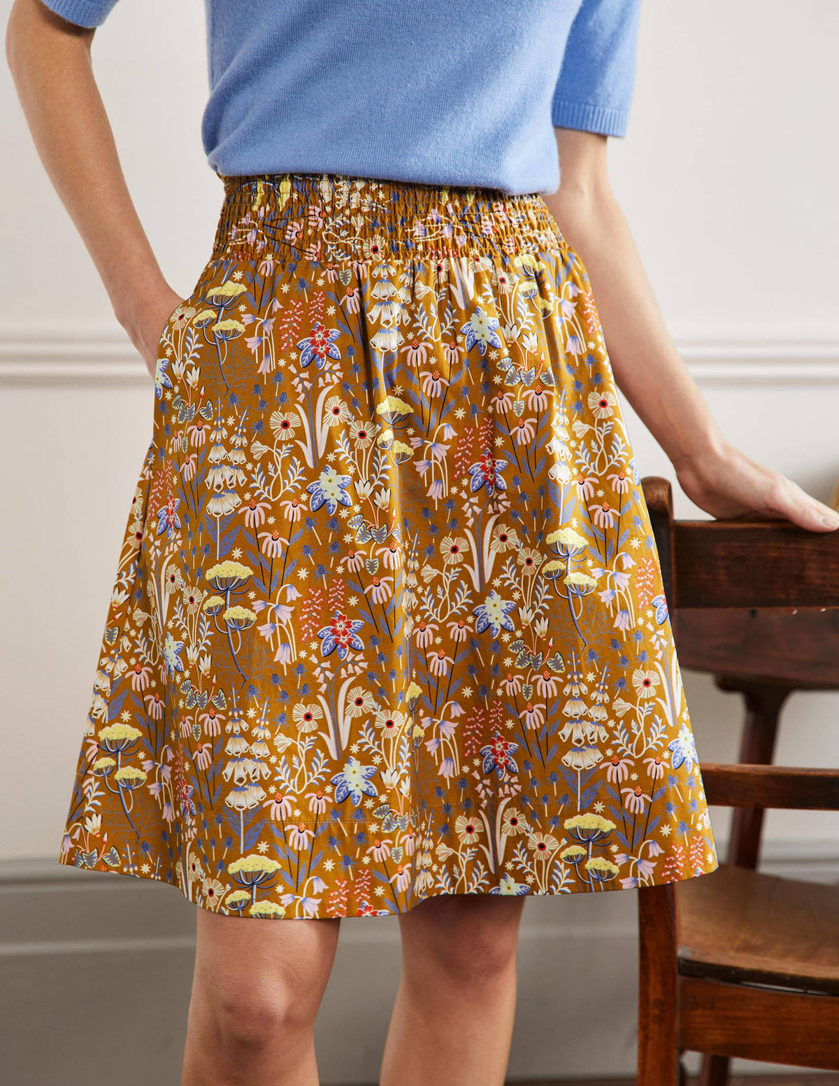 Shirred Waist Cotton Skirt-Frankincense, Wildflower Bloom-4