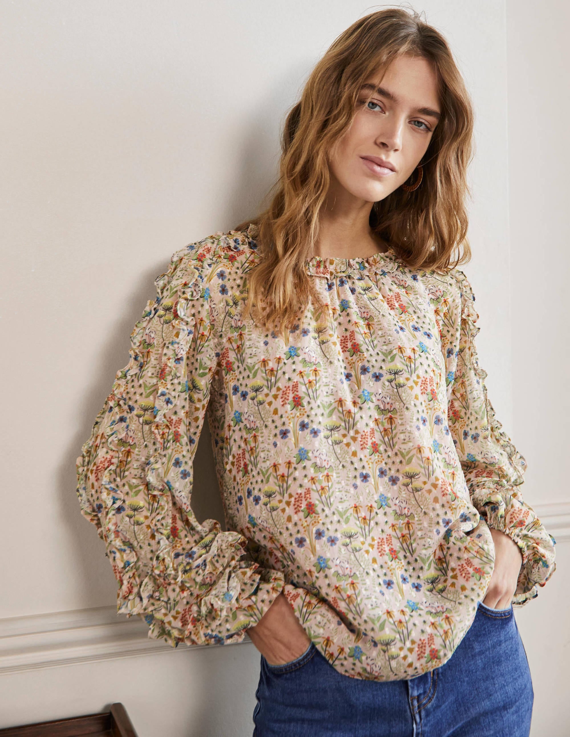 Ruffle Detail Raglan Blouse-Milkshake, Wildflower Bloom - Image 1